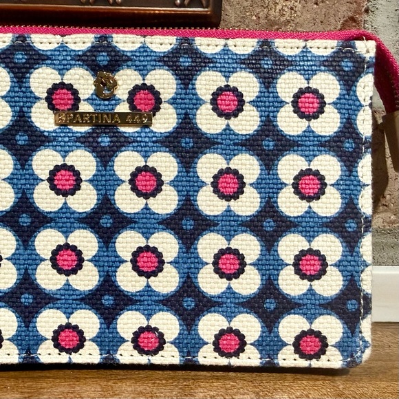 Spartina 449 Calhoun Emmy Wristlet Clutch Blue Pink Floral Canvas - Picture 3 of 9